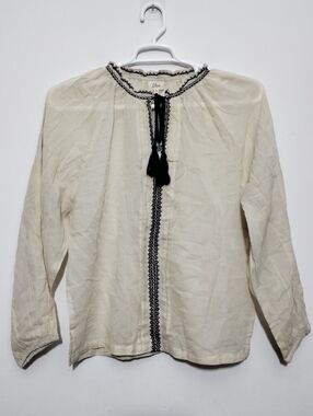 Elan Tassel-Front Peasant Blouse Cotton Women's M Embroidered Boho